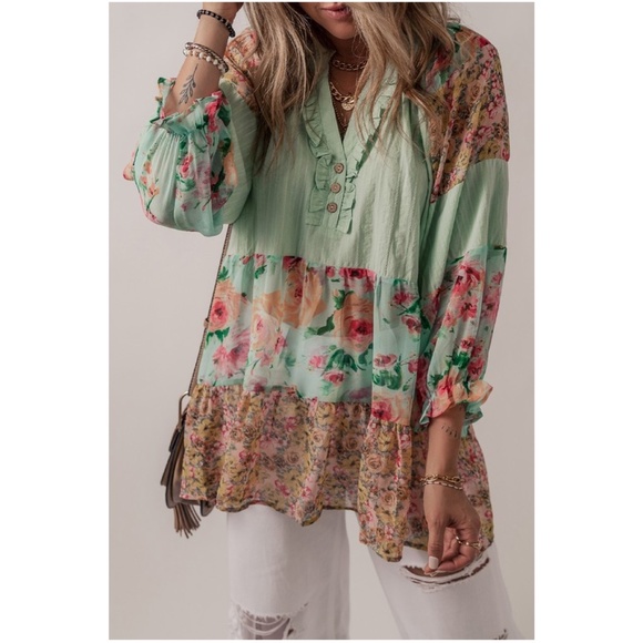 BellanBlue Tops - Beautiful Sage Floral Print Patchwork Frilled Split Neck Blouse
